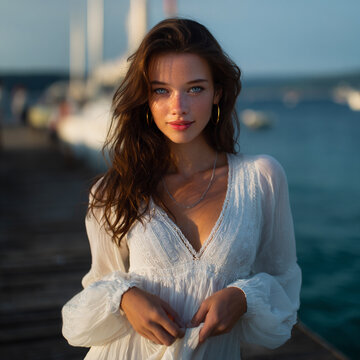 sunlit young woman on wooden pier, flowing white dress by turquoise sea, confident female portrait in golden hour, elegant young woman with freckles outdoors