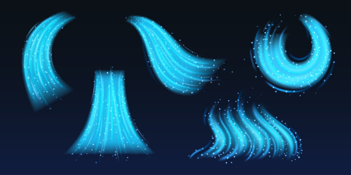 Cold airflow effects set isolated on background. Vector realistic illustration of neon blue cool wind swirls and waves with shimmering white particles, air conditioning system, fresh water flow
