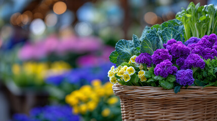 High-resolution lifestyle shot of a wicker basket packed with purple flowers and fresh greens, outdoor farmers market buzzing behind, vibrant colors, clean commercial stock photogr