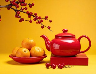 Red Teapot with Oranges and Red Berries on Yellow Background.
