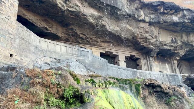 Rock-cut Buddhist monastery caves at Ellora Caves in Maharashtra, India.
