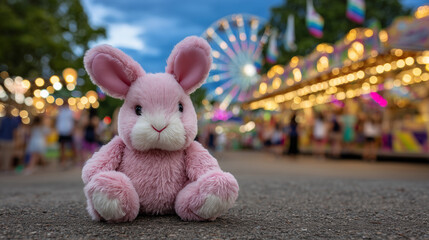 Vibrant carnival stall showcasing a pink bunny plush toy, bold colors and decorative elements, blurred fairgoers and twinkling lights in the background, energetic summer fair vibe