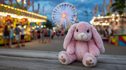 Vibrant carnival stall showcasing a pink bunny plush toy, bold colors and decorative elements, blurred fairgoers and twinkling lights in the background, energetic summer fair vibe