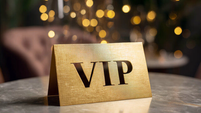 golden vip sign on a table decorated with lights