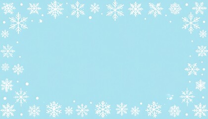 Light blue backdrop framed with detailed white snowflakes, some falling, evoking a winter scene