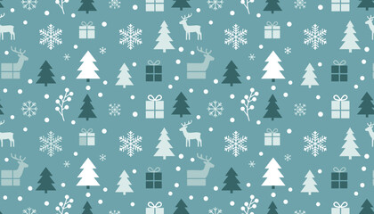 Seamless Christmas pattern with trees reindeer snowflakes and gifts on a blue background © Flatify Studio