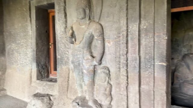 Buddhist rock cut cave temples at Ellora Caves, Maharashtra, India, UNESCO World Heritage religious site
