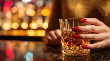 woman sits at the bar with a glass of whiskey in her hand