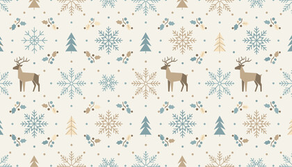 Muted winter seamless pattern with geometric reindeer snowflakes and Christmas trees © Flatify Studio