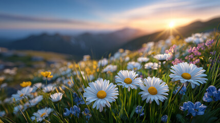 Golden-hour spring meadow with white daisies, sun rays filtering across lush green grass, soft-focus rolling hills and distant flowers creating dreamy depth, tranquil and vibrant n