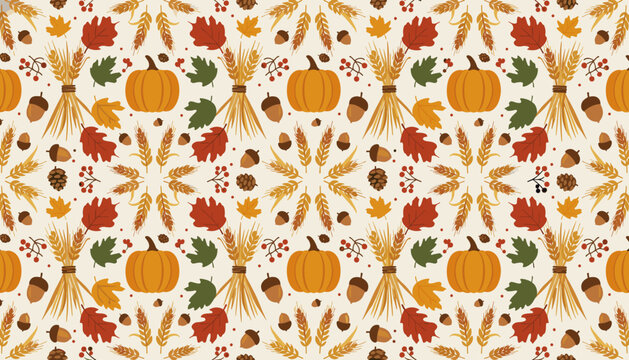 Seamless autumn harvest pattern featuring pumpkins wheat leaves and acorns ideal for seasonal design