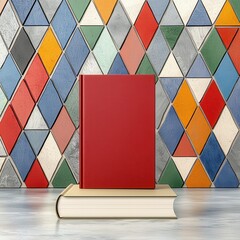 Red Hardcover Book Mockup Against Vibrant Geometric Mosaic Background