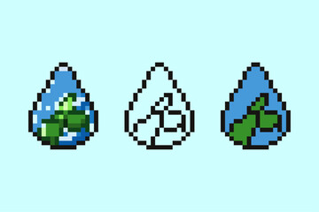 Fototapeta premium Pixel Art Nature Water Drop Icons Set in Three Styles
