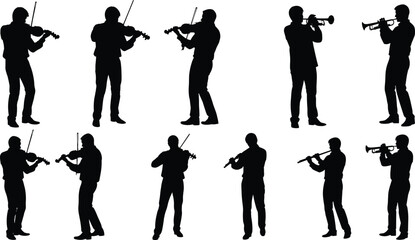 Silhouettes, musicians, orchestra, violinist, trumpeter, performance, vector, illustration, black, white,  © astroDev
