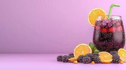 Refreshing Berry Cocktail with Orange and Mint on Purple Background
