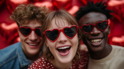 Close-up group shot of friends with heart sunglasses, expressive faces full of joy, animated red glowing hearts surrounding them, bright solid red background, festive Valentineâs D