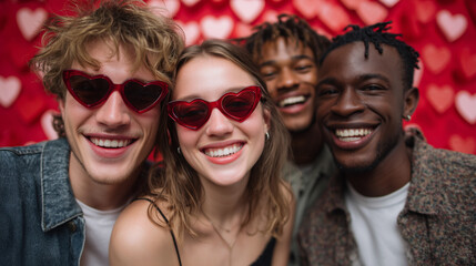Multicultural friends posing joyfully in heart sunglasses, radiant red backdrop with glowing floating hearts, smiles and laughter emphasized, vibrant, energetic, and festive mood