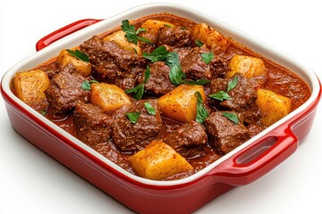 Rich Beef and Potato Stew in Red Ceramic Dish