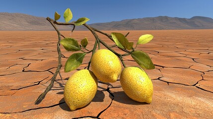 Ripe Lemons on Dry Earth Against Arid Mountains