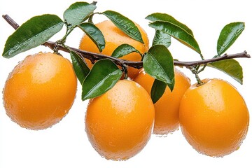 Ripe Oranges on Branch with Green Leaves and Water Droplets