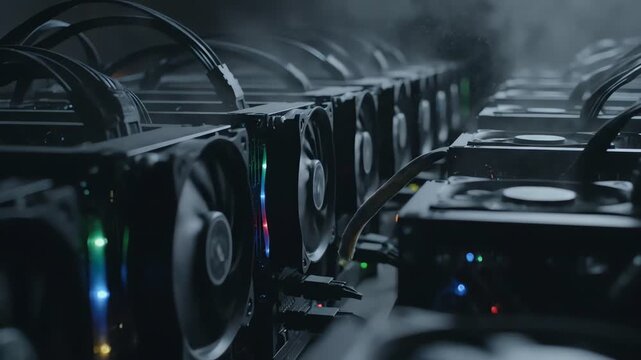Close-up view of a row of computer graphics cards with colorful LED lights on a dark background with a shallow depth of field.