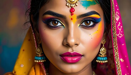 Vibrant Portrait of a Woman Celebrating Holi Festival.