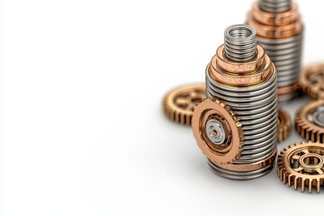 Rose Gold and Silver Metallic Gears and Cylinders on White Background
