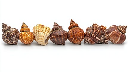 Row of Varied Seashells on White Background