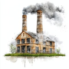Rustic Brick Factory with Smokestacks and Dark Grey Smoke