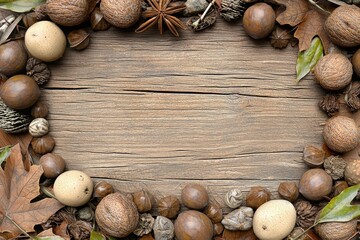 Rustic Autumn Arrangement with Acorns and Leaves on Wooden Background