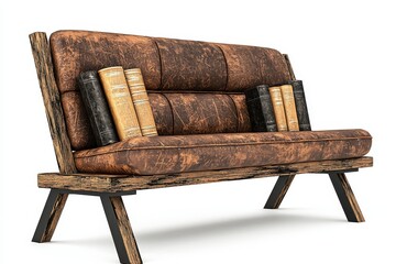 Rustic Brown Couch with Cushions and Books on White Background Interior Design