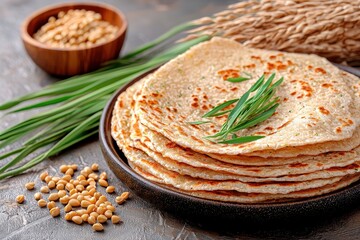 Rustic Stack of Light Brown Flatbreads with Herbs and Seeds
