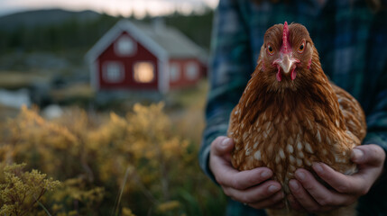 Close-up of hands cradling a brown hen, sunlit farm setting, vibrant green pastures and a classic red barn blurred behind, warm and inviting countryside atmosphere