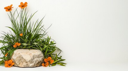 Rustic Stone with Vibrant Orange Flowers and Lush Greenery on White Backdrop