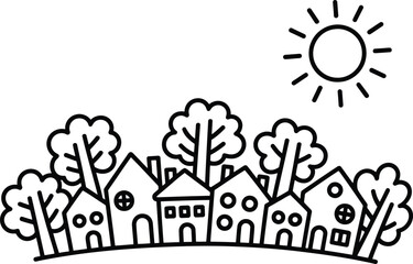Naklejka premium An adorable black and white outline illustration showing a quaint village with multiple houses, trees, and a bright sun