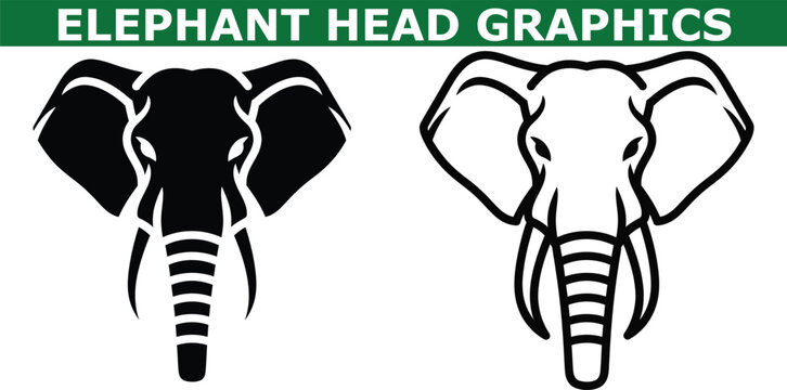 A graphic design featuring two stylized elephant head silhouettes in black and white