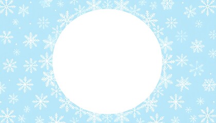 Light blue winter background with white snowflakes & a central blank circle