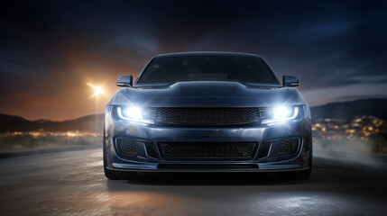 Naklejka premium Front perspective of a contemporary car with bright headlights piercing darkness, subtle mist and reflections on asphalt, cinematic urban or countryside night vibe, unbranded vehic