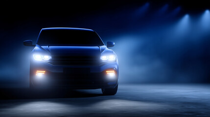 Obraz premium Minimalistic night shot of a modern vehicle head-on, headlights sharply illuminating the scene, dark moody environment with soft shadows, clean silhouette emphasizing design, no vi