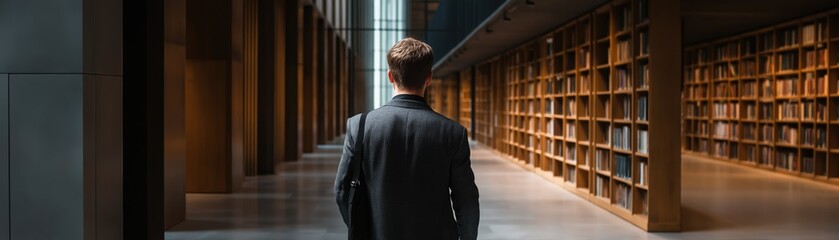 Man in Suit Walking Through Modern Library with Bookshelves and Natural Light