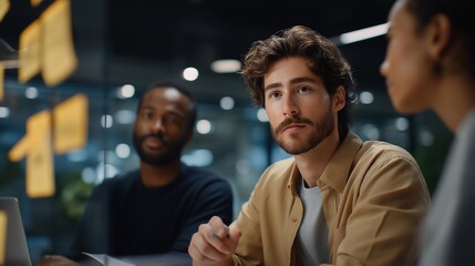 A strategic planning meeting where a diverse team shares ideas for a new campaign, with a focus on customer engagement, utilizing flowcharts and marketing insights to refine their advertising