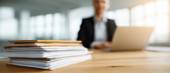 Office workspace with piles of documents and a person working on a laptop at desk