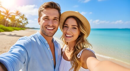 Fototapeta premium Couple taking selfie at beach