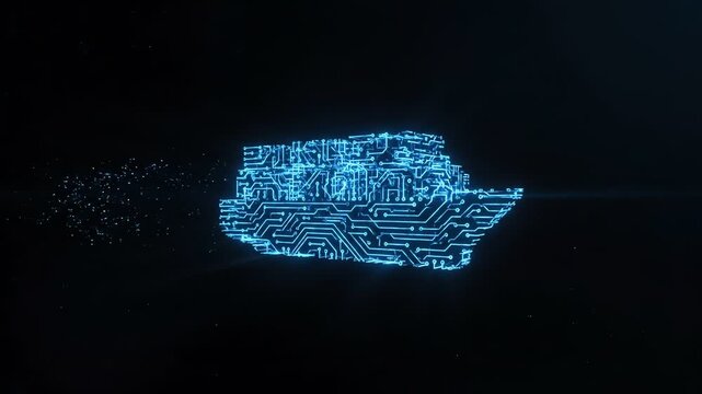 Glowing blue circuit board forming a map of Tennessee on a dark background with a trail of light particles