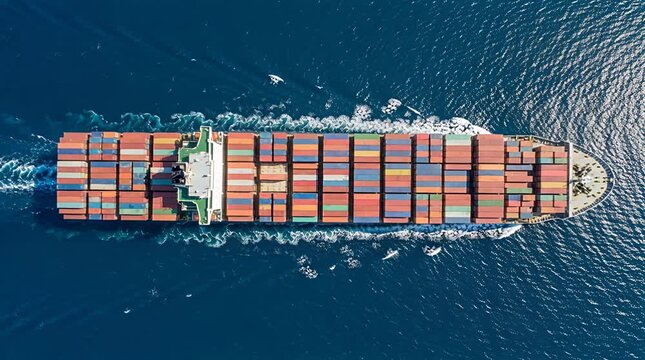 Aerial view of a large cargo ship sailing on the ocean, transport logistics cargo ship container ship, ocean.