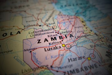 Naklejka premium Map of Zambia with round vignette. Selective focus on label, close-up view