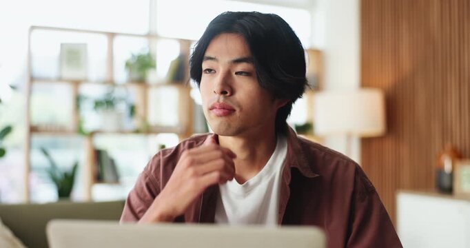 Remote work, smile and thinking with Asian man on sofa in home living room for planning or research. Ideas, laptop and startup development with freelance entrepreneur in apartment for small business