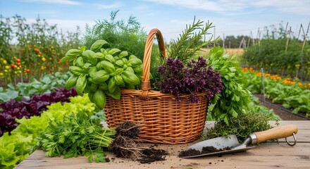 Fresh herbs and vegetables in basket on wooden table