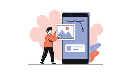 Creative professional uses a large smartphone interface to arrange image assets and graphic design elements in a modern workspace.