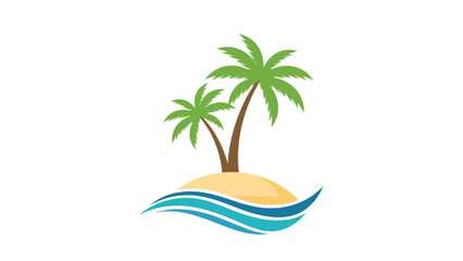 Tropical island illustration featuring two green palm trees on a small sandy beach surrounded by stylized blue ocean waves.